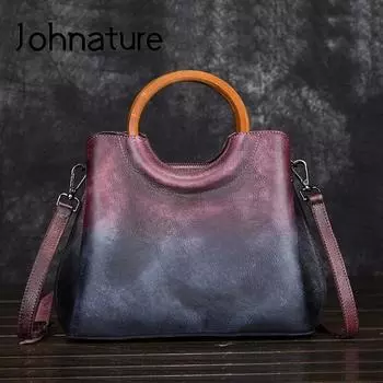 Johnature ретро сумки из натуральной кожи ручной работы на плечо и через плечо женские сумки для отдыха повседневная сумка-тоут зелёный