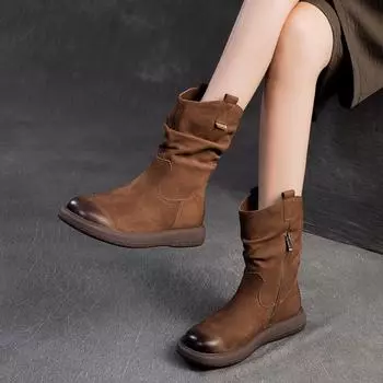 Johnature Retro Versatile Mid-Caf Boots Натуральная кожа Western Cowboy Knight Boots Женская обувь 35 чёрный
