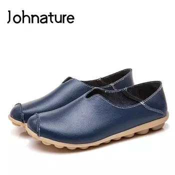 Johnature Круглый носок Твердые неглубокие шитье Мягкая подошва Повседневные удобные мокасины Женские натуральная кожа Плоский 35 чёрный