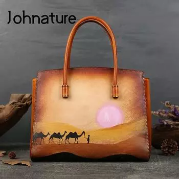 Johnature, ручная роспись, пейзаж, натуральная кожа, женская большая сумка, винтажная дизайнерская роскошная сумка из натуральной яловой кожи