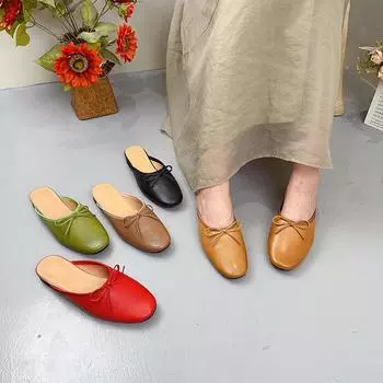 Johnature/тапочки из натуральной кожи с круглым носком, повседневные шлепанцы на открытом воздухе, однотонная женская обувь на мягкой подошве 36 чёрный
