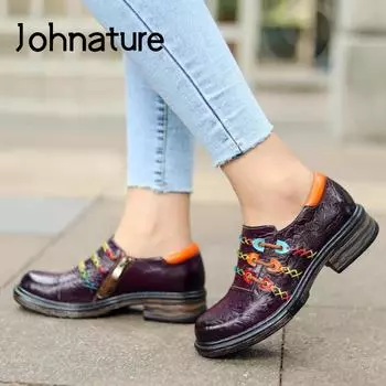 Johnature туфли-лодочки в стиле ретро, женская обувь, весенняя женская обувь из натуральной кожи с круглым носком и молнией в национальном стиле, женская обувь для отдыха с принтом 36 фиолетовый