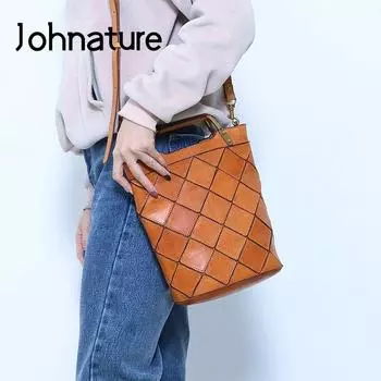 Johnature женские сумки дизайнерские сумки из натуральной кожи в стиле ретро универсальная клетчатая сумка-мессенджер для отдыха чёрный