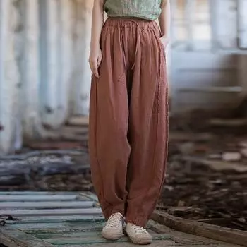 Johnature женские винтажные прямые брюки Ramie с эластичной резинкой на талии, весенние брюки, однотонные лоскутные повседневные брюки