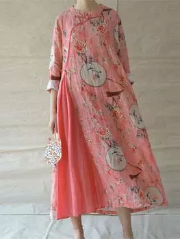 Johnature женское платье Cheongsam с принтом в стиле ретро и пряжкой, летнее хлопково-льняное платье с рукавом три четверти One Size розовый