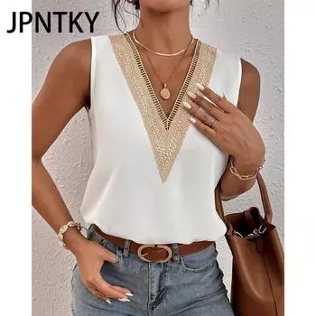 JPNTKY Женские модные повседневные летние однотонные блузки и рубашки без рукавов с v-образным вырезом и принтом S чёрный