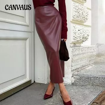Юбка Ankora Red Split Package Hip, осенняя модная кожаная юбка, тонкая полуюбка из искусственной кожи S бордовый