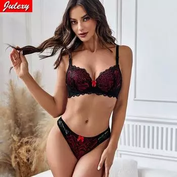 Julexy, новый сексуальный кружевной бюстгальтер пуш-ап и комплект стрингов, нижнее белье для женщин, бюстгальтер с цветочным принтом, прозрачные комплекты стрингов 75B бежевый