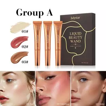 Julystar Blush Liquid 3-Piece Set, Matte Finish, Easy to Apply, Brightens Complexion and Defines Contours. A
