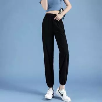 Junior High School Student Ice Silk Quick-Drying Sports Pants Women s Summer Thin Cropped Small Sun Protection Running Sweatpants Summer-Cropped Pants Long-Black 2XL
