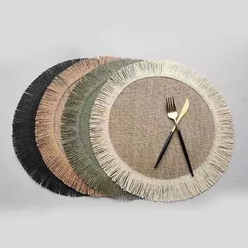Jute Placemat Linen Ins Wind Simple Fringe Christmas Round Table Mat Environmental Protection Heat Insulation Non-slip Mat 38cm