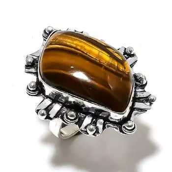 Ювелирное кольцо из серебра 925 пробы с драгоценным камнем тигровый глаз, размер 9 G7J43