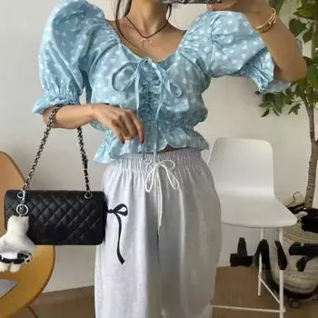 Южная Корея Ins Pleat Drawstring Love Sweet оборками рубашки женские винтажные элегантные уличные костюмы женские повседневные топы летние