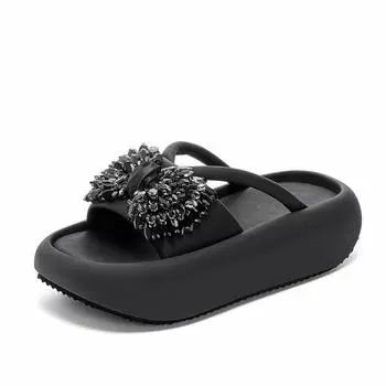 JX bow rhinestone thick-soled one-word slippers for women to wear new fashionable versatile casual beach slippers 35