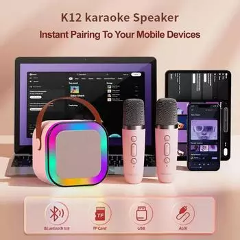 K12 Караоке-машина Портативная акустическая система Bluetooth 5.3 PA с 1-2 беспроводными микрофонами RGB-подсветка Аудио Домашний KTV Подарки для детей Pink 1 Mic