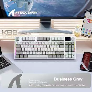 K86 Беспроводная механическая клавиатура с возможностью горячей замены Bluetooth/2,4g с экраном дисплея и поворотной кнопкой громкости для игр и работы White axis серый