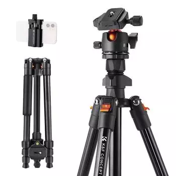 K&F CONCEPT 162cm/64.96in Portable Camera Tripod Stand Aluminum Alloy 8kg/17.6lbs Load Capacity чёрный