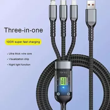 Кабель 3 в 1 100 Вт Прозрачный Кабель для быстрой зарядки Type C USB Micro для Huawei Oppo Vivo Samsung Xiaomi Индикатор Зарядное устройство USB C 6A 1.2M