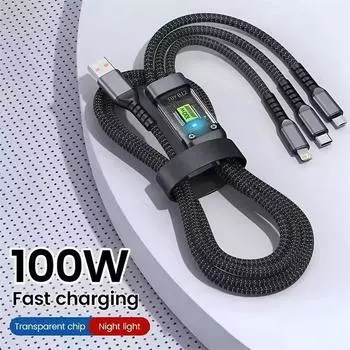 Кабель для быстрой зарядки 3-в-1 мощностью 100 Вт с адаптерами USB-Type-C/Micro — совместим с iPhone 14, 13, Samsung, Xiaomi, Huawei и другими устройствами 1.2 M