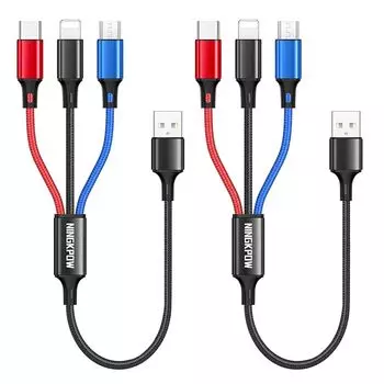 Кабель для зарядки NINGKPOW 3 в 1, короткий [комплект из 2 шт., 0,5 м] USB-кабель для быстрой зарядки 3 А, кабель для зарядки 3 в 1, кабель USB Type C, микрофон, телефон, может заряжать 3 устройства