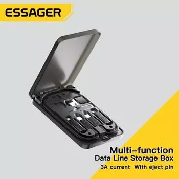 Кабель Essager 4 в 1 USB C к USB C PD 60 Вт, шнур для быстрой зарядки данных для iPhone, Xiaomi, микрокабель типа C с держателем, ящик для хранения чёрный
