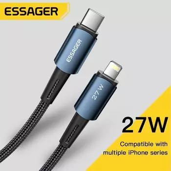 Кабель Essager USB C для IPhone 14, 13, 12, 11 Pro Max XS, 27 Вт, кабель для быстрой зарядки, тип C, провод для даты и освещения для iPad, Macbook 1M(2.4A) чёрный