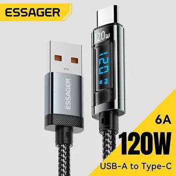 Кабель Essager USB Type C 6A 120 Вт для Xiaomi 14pro со светодиодным дисплеем, зарядное устройство для быстрой зарядки, кабель USB C, шнур для передачи данных для Realme Black Shark 1m серый