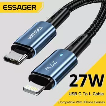 Кабель Essager USB Type C для Iphone 14 13 12 Pro Max Mini Xs Xr X 8 iPad MacBook PD 27 Вт, зарядное устройство для быстрой зарядки, шнур молнии 0.5m чёрный