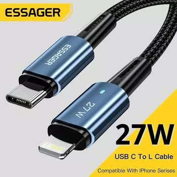 Кабель Essager USB Type C для iphone 14 13 12 Pro Max Mini Xs Xr X 8 iPad MacBook PD 27 Вт, зарядное устройство для быстрой зарядки, шнур молнии 1m чёрный