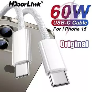 Кабель HdoorLink USB-C для iphone 15 Pro Max PD 60 Вт, быстрое зарядное устройство для Xiaomi Samsung, аксессуары для iPad, кабель USB C к типу C 1M белый