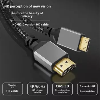 Кабель Mini HDMI to HDMI 4K 2.0 - серый алюминий, плетеная сетка 0.3m чёрный