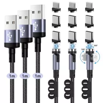 Кабель RAAVEE со светодиодной подсветкой, вращающийся USB-кабель, зарядное устройство 3 в 1, магнит, быстрая зарядка, пылезащитный телефон USBC Micro USB, 3 типа разъемов, совместимых с