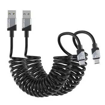 Кабель TOPADRE USB A-C спирального типа Свободное расширение и сжатие «Набор из 2 1,8-метровых» спиральных кабелей типа C 60 Вт Быстрая зарядка Передача данных Высокая прочность