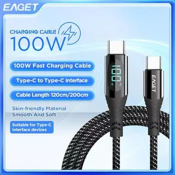 Кабель USB-C для быстрой зарядки мощностью 100 Вт — цифровой дисплей, нейлоновый плетеный кабель для iPhone 15 и других устройств на базе Android 1.2M