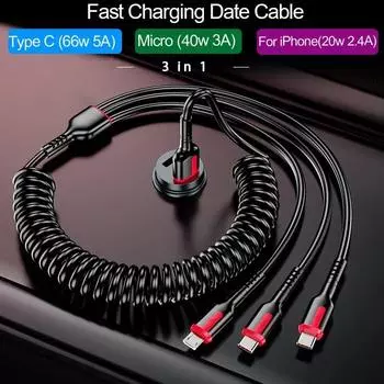 Кабель USB Type C для быстрой зарядки 5A, 66 Вт, пружинный автомобильный кабель Micro USB 3A для Xiaomi Redmi, Samsung Realme, аксессуары для телефонов для iPhone 1.2m чёрный