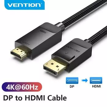 Кабель Vention DisplayPort-HDMI, кабель 4K DP-HDMI, 1080P, 60 Гц, порт дисплея HDMI для ПК, ноутбука, HDTV-проектор, кабель DP-HDMI 1m чёрный