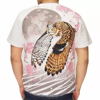 Kacho Fugetsu Owl Embroidery Japanese Pattern [Kacho Fugetsu] T-shirt/Short Sleeve/Men s/392226-1 White-M