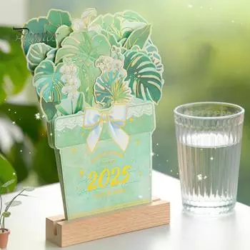 Календарь Bloomy Flower Calendar 2025 Маленький цветочный настольный календарь Blooming Bouquet Ежемесячный планировщик с деревянной основой для домашнего декора офиса розовый
