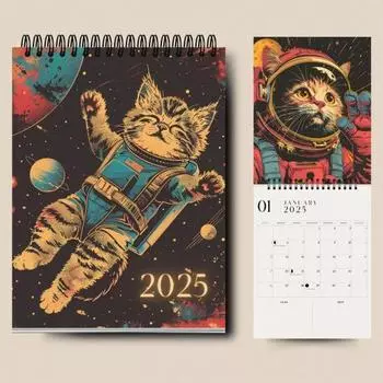 Календарь космических кошек 2025 года, космические прогулки, настенный календарь с кошками, подвесной ежемесячный календарь-планировщик, рождественский подарок для любителей кошек, поклонников космоса Cat