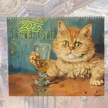 Календарь на стену с кошками 2025 года. Ежемесячный календарь с пьяными кошками. Стиль масляной живописи.