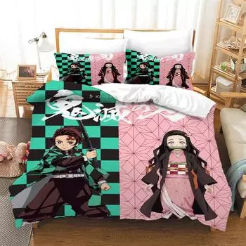 Kamado Tanjirou Kamado Nezuko принт Мультфильмы индивидуальный комплект постельного белья, Demon Slayer Мультфильмы комплект постельного белья полный размер queen king, 3 шт. EU single(135x200cm)