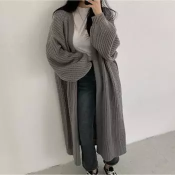 Кардиган Wind Pit Striped, однотонный, свободный, с рукавами-фонариками, длинный свитер S чёрный