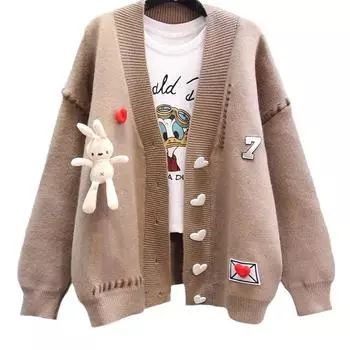 Кардиган Женская одежда Стиль преппи Love Rabbit Sweet Pull Femme Повседневная мода Вязаный свитер большого размера Пальто One Size хаки