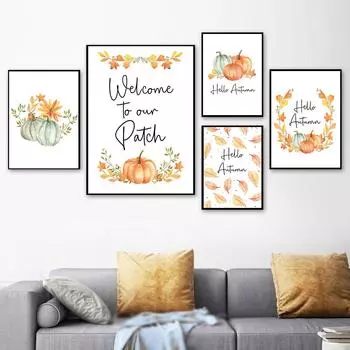 Картина на холсте «Hello Fall Autumn» с цитатой, настенная художественная картина, детский мультяшный принт, сезонный постер с тыквой, детский домашний декор для комнаты 21X30cm No Frame