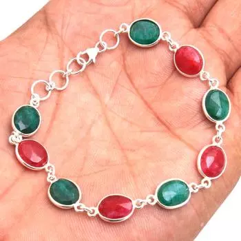 Kashmir Ruby and Sakota Mine Emerald Bracelet, Браслет от 7 до 7,25 дюймов, Серебряные украшения, Браслет ручной работы,