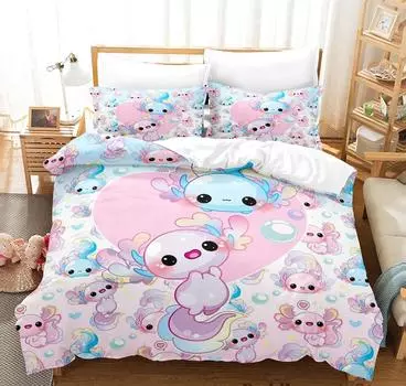 Комплект постельного белья Kawaii Animal Axolotl Print Single Twin Full Queen King Size Bed Set Aldult Kid Bedroom Duvetcover Set 3D Anime 229x229cm 90x90in