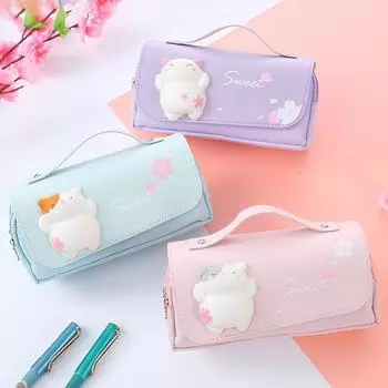 Kawaii Cat Декомпрессионный пенал Большой пенал Портативный пенал для девочек Двухслойный школьный чехол Канцелярский пенал