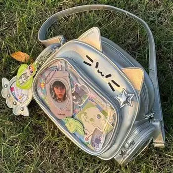 Kawaii Cat PU милые девушки прозрачный карман эстетичные сумки через плечо женские модные рюкзаки
