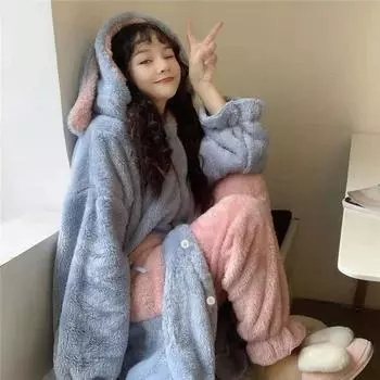 Kawaii халат комплекты женские простые зимние шикарные милые халаты с капюшоном женские карманы мягкая фланелевая уютная толстая новейшая домашняя одежда 2 грудных клетки S
