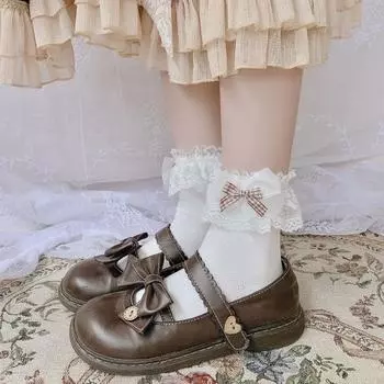 Kawaii Japanese Mesh Bow Princess Ruffle Medium Tube Socks Lace Women Socks Lolita Short Socks красный